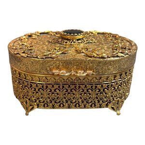 Vintage Jewelry Casket Box Hollywood Regency Gold Ormolu Black Onyx Oval 6"